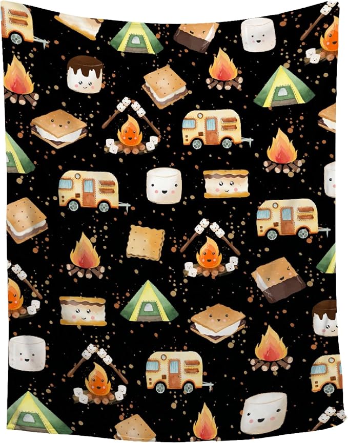Cute S'Mores Flannel Blanket | Ultra Soft Roasted Marshalows Throw for Couch/Sofa/Travel/Camping | Camping Blanket Gifts for Camper Lover Decor - 40x50-Kids/Throw Size