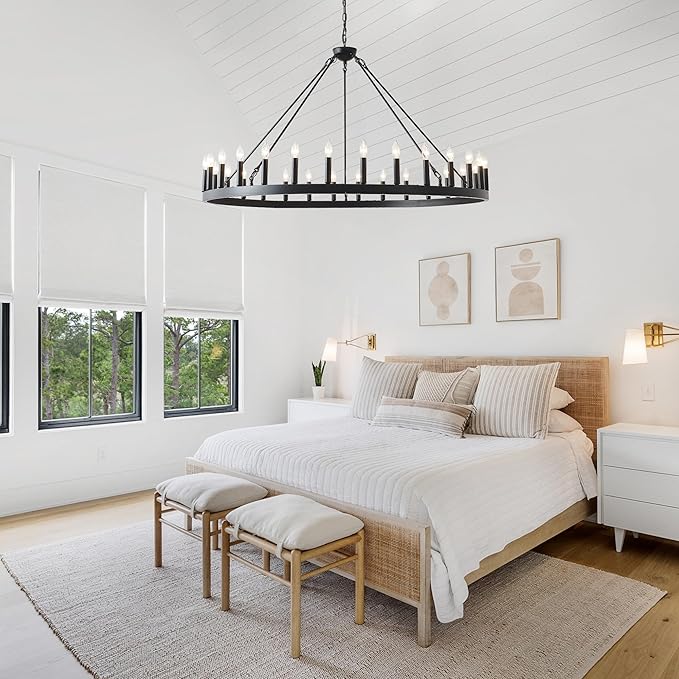 53 Inch Black Extra Large Wagon Wheel Chandelier 30-Lights Farmhouse Industrial Round High Ceiling Pendant Light Adjustable Chain for Dining Room Living Room