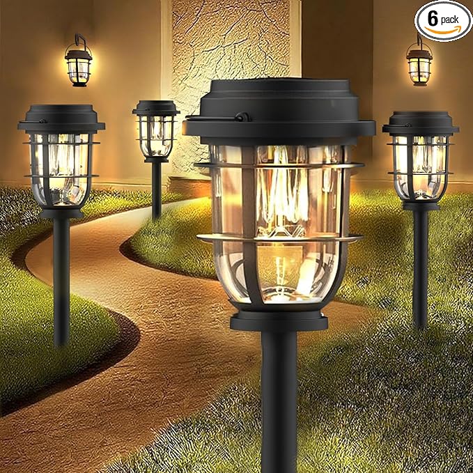 Bright Solar Pathway Lights Outdoor 6 Pack Waterproof IP65 Auto On/Off Solar Powered Garden Lights for Yard Lawn Walkway Landscape Pool Outside - 3-in-1 Hanging Tabletop &amp Stake Lighting
