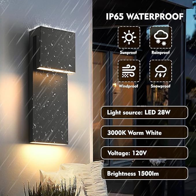Modern Large Outdoor Wall Lights Integrated LED Outdoor Wall Sconces Lighting Contemporary Exterior Lighting Fixtures Outside Wall Mount Lights for House Porch Front Door Garage Matte Black 2 Pack