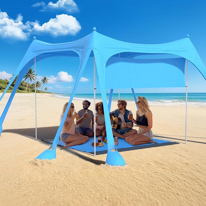 Suteck Beach Tent Sun Shelter with Sidewall Easy Set Up 10x10ft Beach Canopy Outdoor Sun Shade with UPF 50+UV Protection 8 Sandbags 4 Stability Poles for Camping Fishing or Picnics