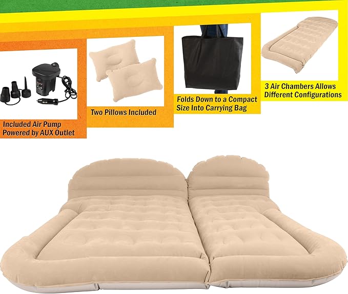 Inflatable Mattress - Car Air Mattress for SUV or Tent with Aux Outlet Pump and 2 Inflatable Pillows - Car Camping Gear by Wakeman Outdoors (Beige)