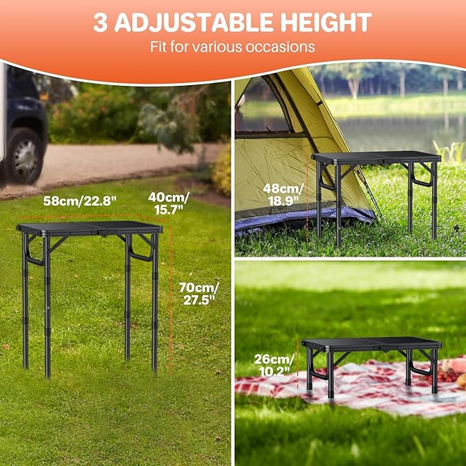 FUNYKICH 2ft Small Folding Camping Table(22.8'' Lx15.7'' W) 3 Height Adjustable Portable Picnic Table Lightweight Aluminum Outdoor Table with Carry Handle for Camping BBQ Beach Picnic Black