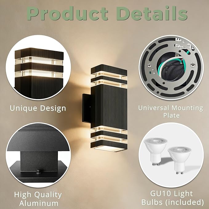 Outdoor Wall LightsSquare Aluminum Up and Down Exterior Lighting Fixtures Wall Mount with 2 * 7W LED Bulbs 3000K Waterproof Outdoor Lights for House Porch Patio Garage Black