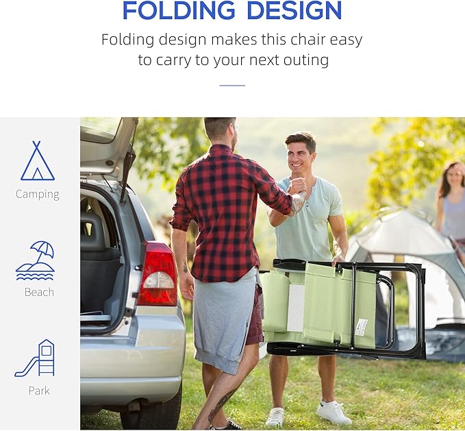 Folding Patio Chairs Set of 2 Outdoor Deck Chair with Adjustable Sling Back Camping Chair with Removable Headrest for Garden Backyard Lawn (Green)