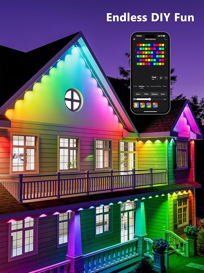 BrizLabs Signature Permanent Outdoor RGBCW Lights 150ft 90 LED Smart House Lights Work with Alexa &amp Google Home WiFi Waterproof Smart Eave Light with 200+ Custom Scene-Color for Xmas Halloween H