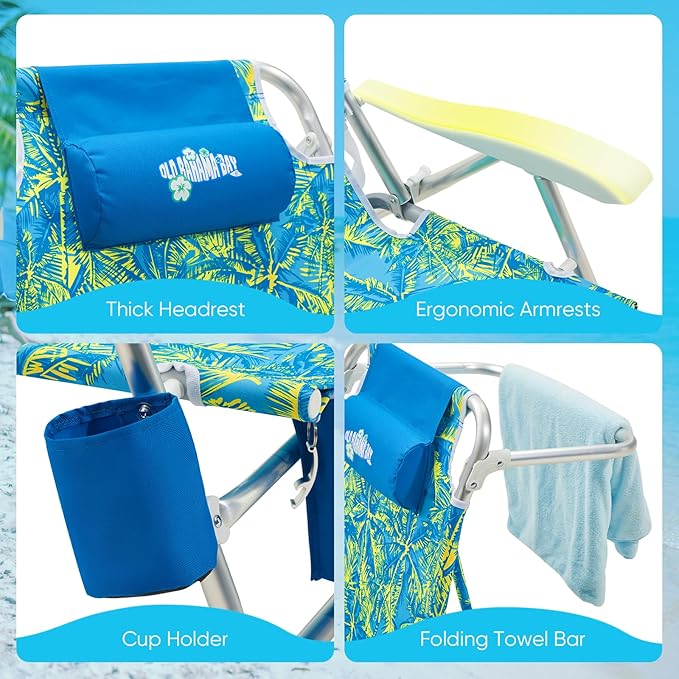 Old Bahama Bay Beach Chairs for Adults 7-Position Classic Lay Flat Beach Chair Reclining Beach Chair Portable Aluminum Backpack Beach Chair with Towel Bar &amp Cooler Bag