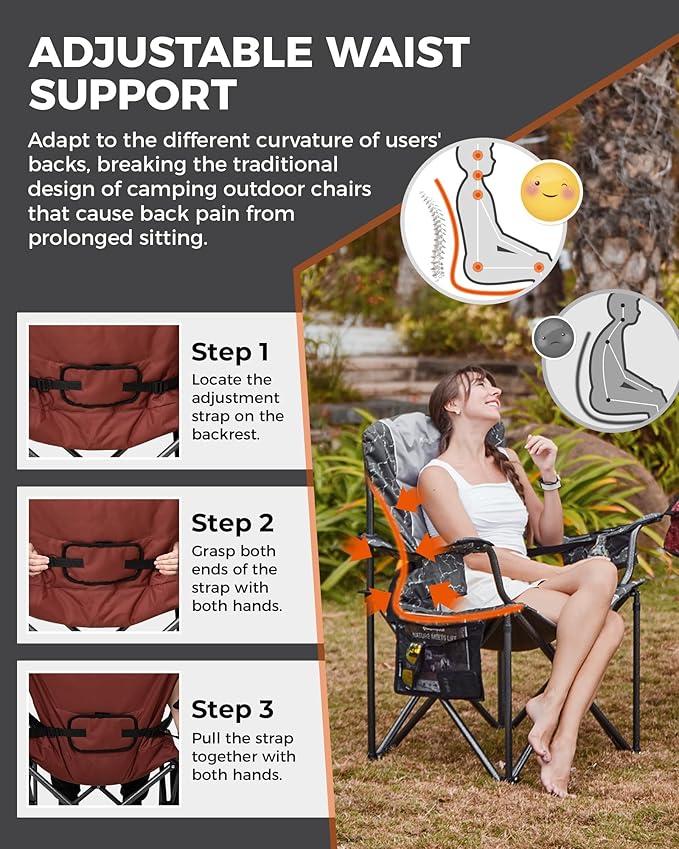KingCamp Oversized Camping Folding Chair Heavy Duty 450 LBS with Lumbar Support Padded seat with Cup Holder&ampCooler Bag Ideal for Camp Fishing Sports Event Backyard Patio Lawn