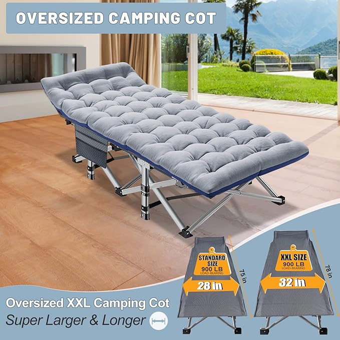 XXL Oversized Camping Cot for Adults with Mattress - Portable Camp Bed with Carry Bag for Outdoor Travel Hiking Beach Sleep Comfortably Anywhere