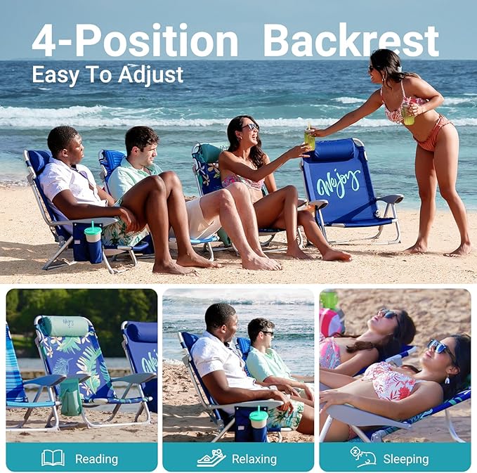 #WEJOY Folding Beach Chair for Adults 4-Position Lightweight Beach Chair Low Beach Chairs with Shoulder Strap Cup Holder and Headrest Supports 265lbs for Beach Lawn (Rainforest)