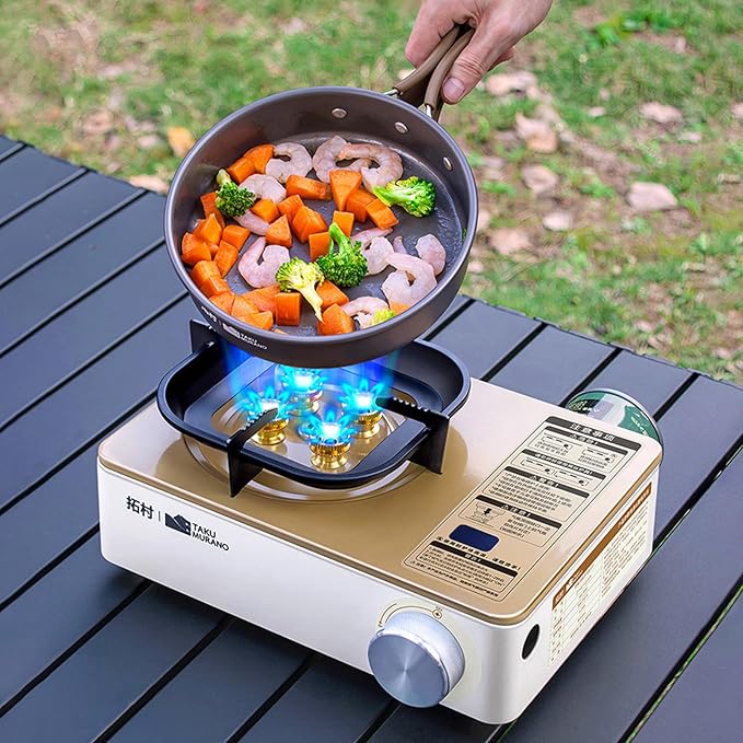 Portable Butane Camping Stove Mini Backpacking Camp Stove for Camping Hiking RV Trip Quick Breakfast and Emergency 6200W Coffee-coloured and Black (Black)