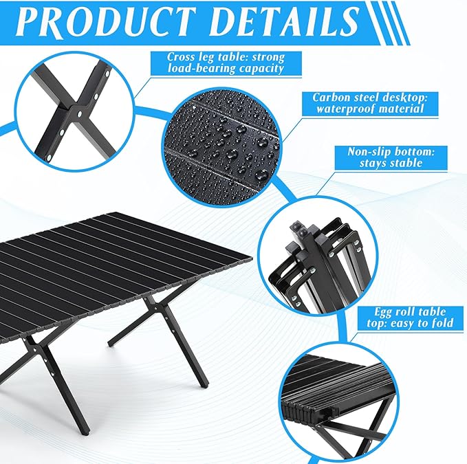 Suzile 2 Pack 4FT Folding Camping Table Roll Up Portable Camp Table with Carry Bag Low Collapsible Lightweight Aluminum Outdoor for Camping Picnic Beach Patio Kitchen(Black)