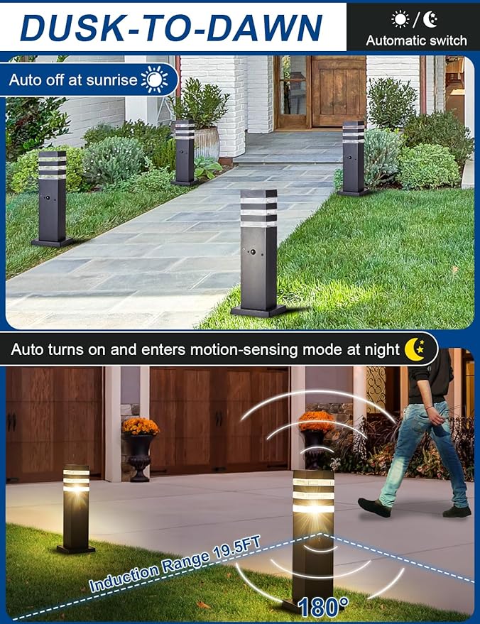 2Pack Motion Sensor Outdoor Floor Lamps Pathway Lights Dusk to Dawn Exterior Pillar Lamps Black Aluminum Poles Lights for Outside Modern Landscape Path Lamp for Patio Yard Garden Pathway Driveway