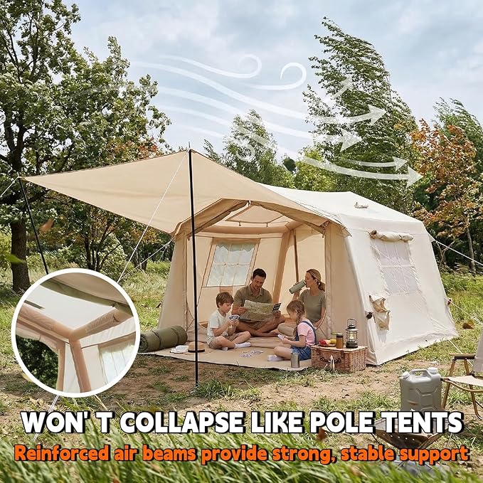 Inflatable Tent with Canopy for Camping 4/6/8 Person Large Family Air Tent 5 Min Easy Setup with Pump 4 Season Waterproof Oxford Camping Tent with Stove Jack &amp AC Port 8x10 FT Beige