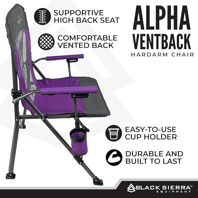 Black Sierra Camping Chair – Folding Portable Lawn &amp Beach Chair with Padded Hard Armrest Mesh Vented Back Spacious Cup Holder Carry Bag – Supports 300 lbs for Sports