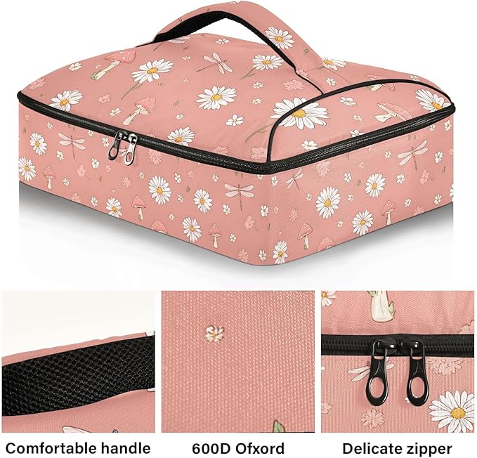 Casserole Carrier Daisies Mushrooms DragonfliesInsulated Casserole Carrier for Hot or Cold Food Thermal Lunch Tote for Potluck Parties Picnic Beach Fits 9 x 13 Inches Baking Dish