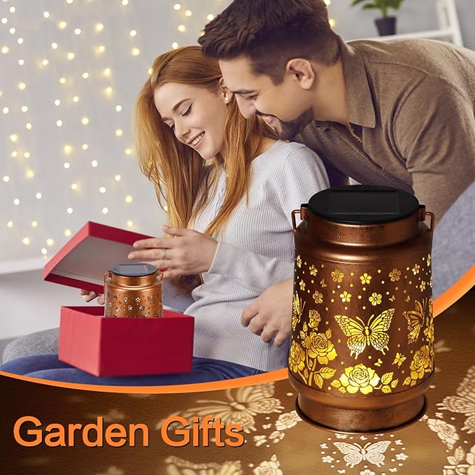 2 Pack Butterfly Solar Lanterns Outdoor Waterproof Rose Garden Decor Gifts for Women Mom Grandma Hanging Solar Lights Metal Lantern Decoration Outside for YardPatioBackyardPorch