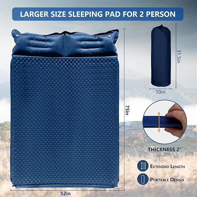 Double Camping Sleeping Pad with Pillow 2 Memory Foam Camping Mattress 2 Person 5R Insulated Self Inflating Camping Pad Air Mattress Inflatable Sleeping Mat for Tent Backpacking Hiking (Blue)