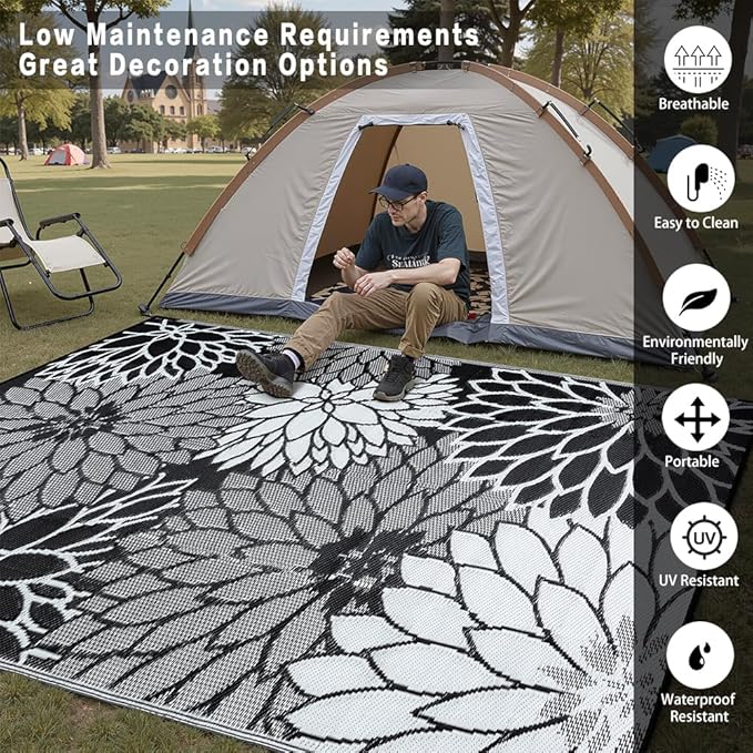 HUGEAR 8'x10' Outdoor Rug Waterproof Plastic Straw Rugs Large Black Reversible Floral Mat Floor Carpet for Camping RV Deck Entryance Porch Picnic Balcony Beach Backyard