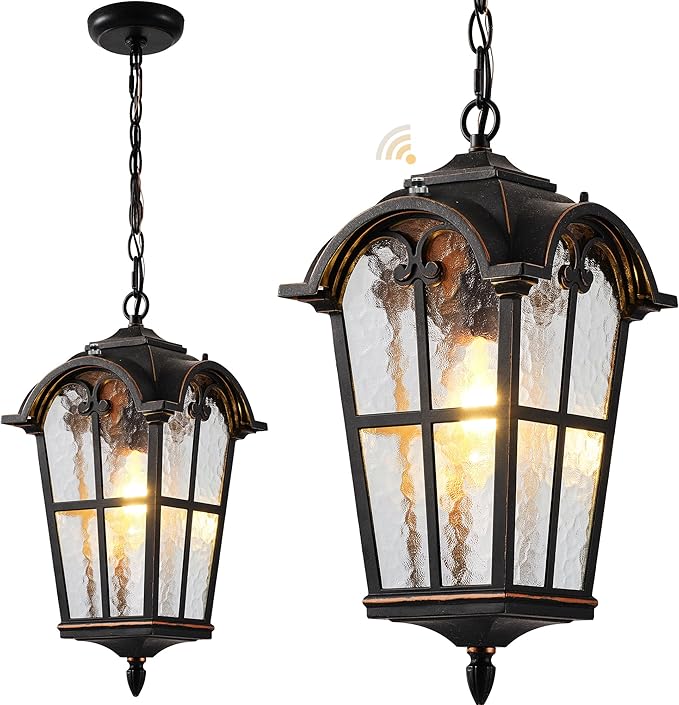 Large 18.7 Outdoor Pendant Light with Dusk to Dawn Sensor Vintage ORB Outdoor Chandelier with Ripple Glass Aluminum Outside Hanging Lighting Pendant Lights for Porch Doorway Entryway