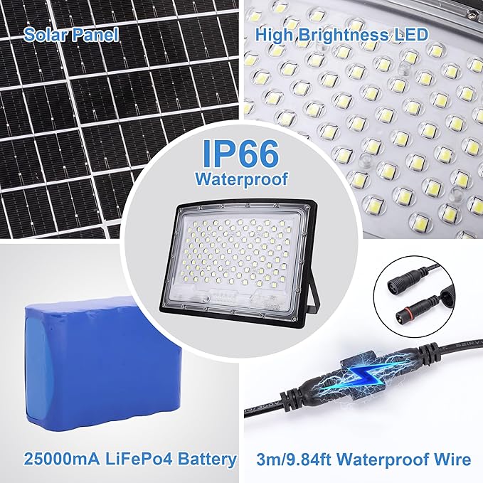 100W LED Solar Flood Lights 10000MAH Flood Light Outdoor IP66 Waterproof with Remote Control Security Lighting for Parking Lot Yard Garden Swimming Pool Pathway