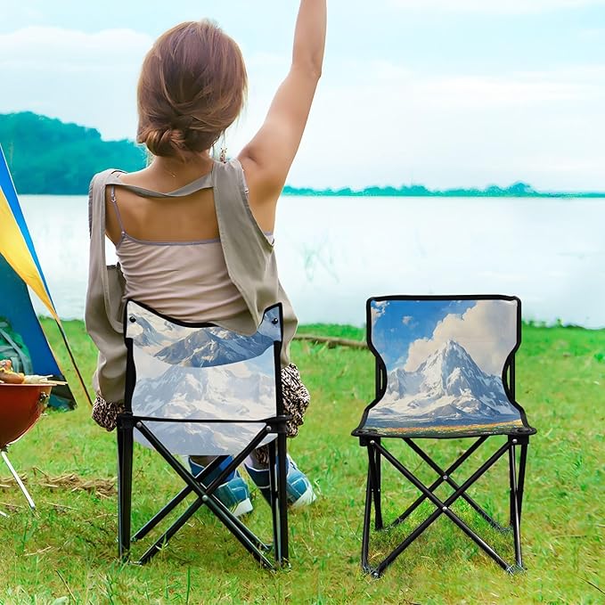 Spring Snow Mountain Portable Camping Chairs Folding Chair - Durable Oxford Fabric Lightweight Iron Frame Easy Fold Design - Ideal for Outdoor Activities Camping Fishing and Travel