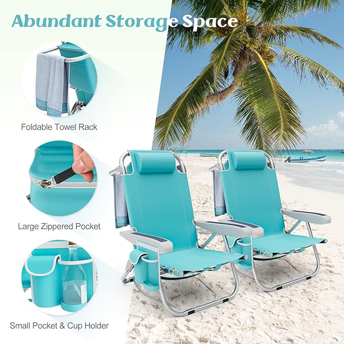 Tangkula Set of 4 Backpack Beach Chair 5-Position Lightweight Folding Lay Flat Beach Chairs with Storage Bag 2 Cup Holders Towel Bar Backpack Straps