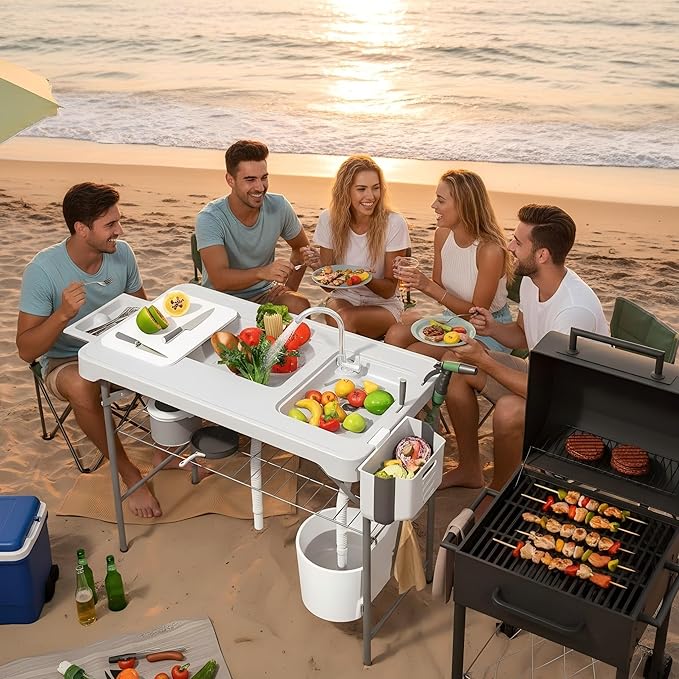 Folding Fish Cleaning Table Portable Camping Double Sinks Table with 2 Dual Water Basins Faucet Drainage Hose Sprayer Outdoor Fish Fillet Cleaning Station with Storage Box