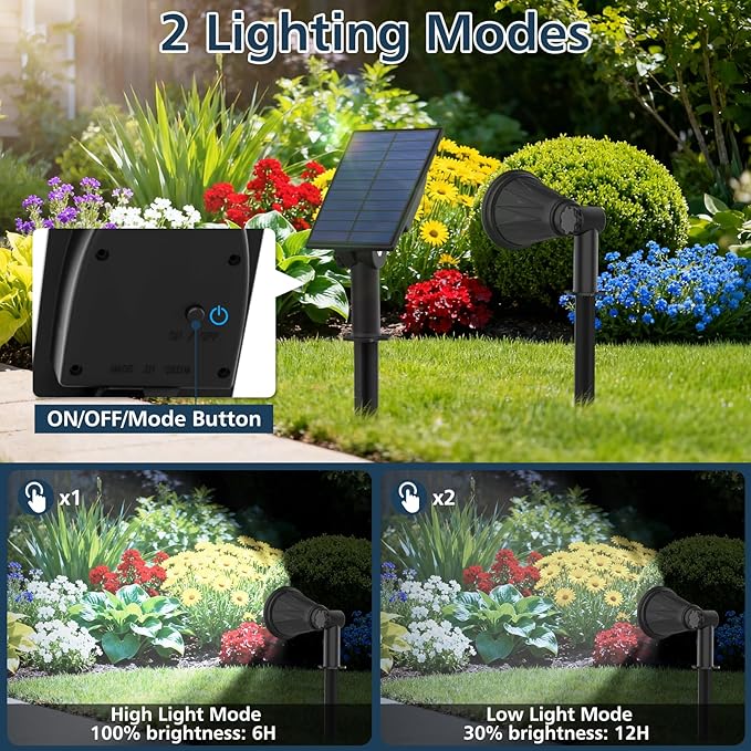 T-SUNUS Christmas Solar Powered LED Spot Light White 6000K Separated Panel with 9.8ft Cable IP65 Waterproof Spotlights Outdoor Landscape Garden Lights for Flag Patio Yard Driveway Halloween 2 Pack