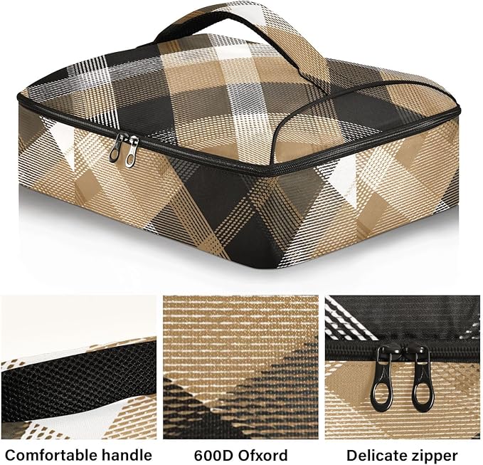 Casserole Carrier Pattern Black Brown Tartan Plaid Insulated Casserole Carrier for Hot or Cold Food Thermal Lunch Tote for Parties Picnic Travel Carry Bag