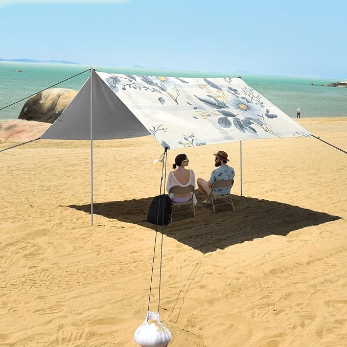 Beach Tent Sun Shelter Blue Flowers Plaid Lightweight &amp Easy Setup Beach Shade Canopy for Camping Fishing