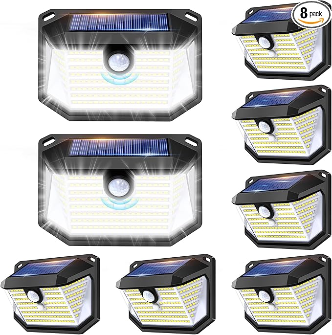 Solar Lights Outdoor Motion Sensor 178 LED 300LM Waterproof IP65 Wall Mounted Security Light with 3 Modes 270° Wide AngleWide Angle Solar Powered for Garden Yard Patio Front Door(8Pack)