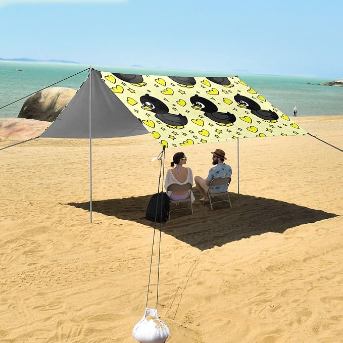 Duck Black Cartoon So Cute Camping Sun Shelter Beach Tent Portable Beach Sun Shade Outdoor Canopy for Camping Trips Fishing Picnic