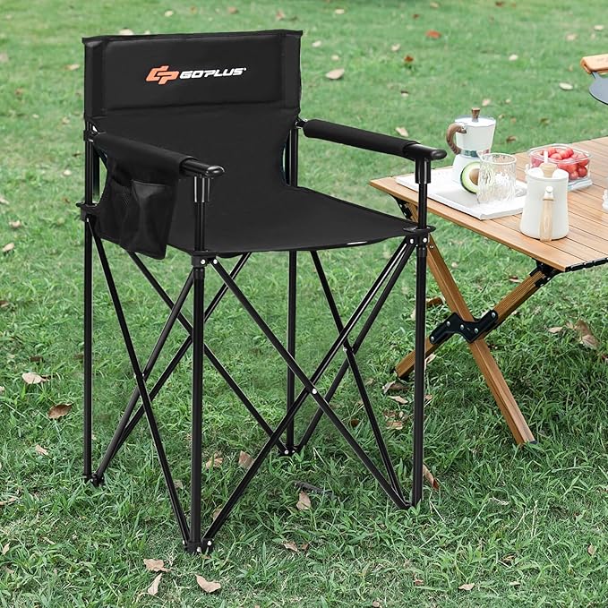 Goplus Folding Camping Chair Outdoor Portable Beach Chair Heightened Design w/Detachable Armrests Storage Pouches &amp Carrying Bag for Fishing Picnic Lawn (Black 250LBS Weight Capacity)