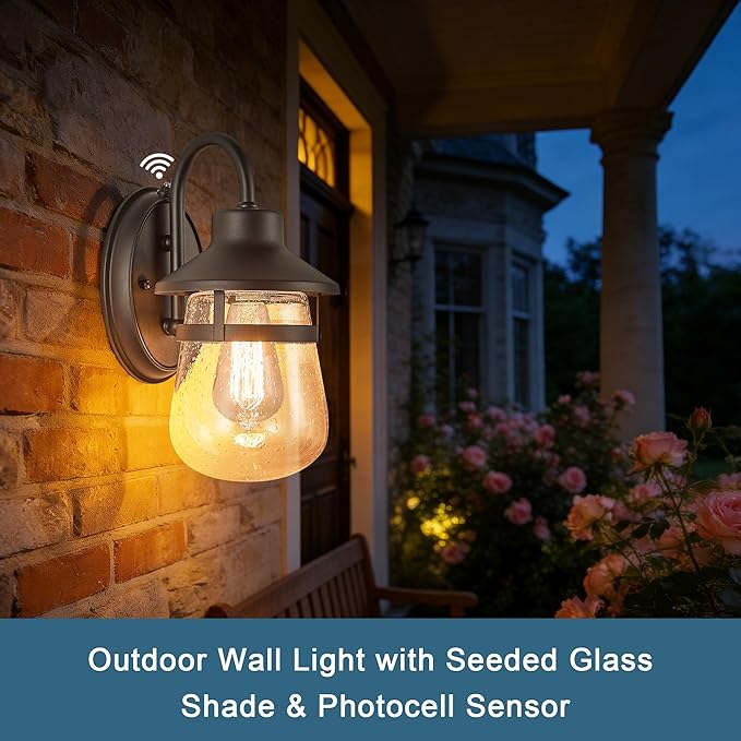 Classic Updated Dusk-to-Dawn Outdoor Light. Outside Exterior Porch Wall Light Fixture in Textured Black. Anti-Rust and Waterproof Wall-Mounted Lantern. Outside Light for House Front Door.