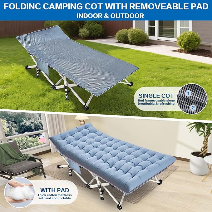 79 L x 32 W x 18 H Oversize XXL Camping Cot with Comfortable Mattress for Adults Extra Wide Cots for Sleeping Folding Cot Camping Bed Heavy Duty with Carry Bag for Home Office Outdoor