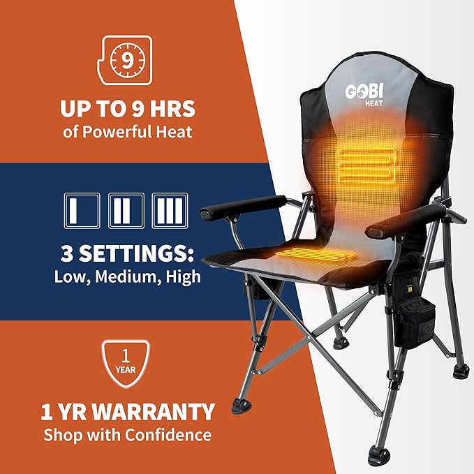 Gobi Heat - Terrain Portable Heated Camping Chair - Outdoor Folding Chair with Heated Filling - Winter Camping Essential - 3 Heat Settings (Slate)
