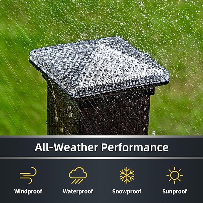 Glass Solar Post Cap Lights with Crystal Style - Decorative Deck Fence Lights for 4x4 5x5 Posts Hidden Solar Panel Modular Design 10Hr Runtime IP65 Warm White Black 2 Pack