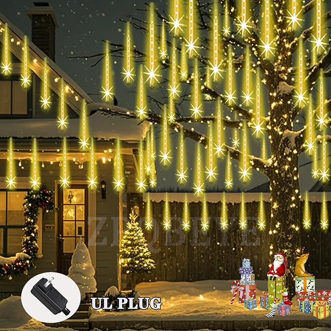 Outdoor Meteor Shower Christmas Lights 24-Tube 576LEDs Shooting Star Waterfall Meteor Shower Falling Rain Light for Christmas Tree Decorations Wedding Party Holiday Garden UL Plug Warm White