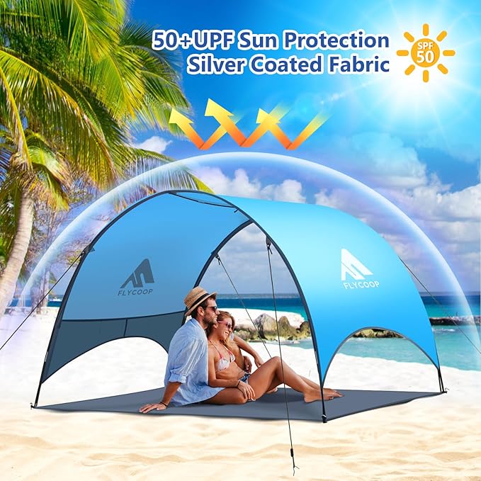 Beach Umbrella with UPF 50+ UV Protection – Compact &amp Portable Beach Tent Canopy with 360° Ventilation Wind Ropes &amp Stakes – Family Travel Backyard Park Shade (Blue 90.5 * 59 * 53″)