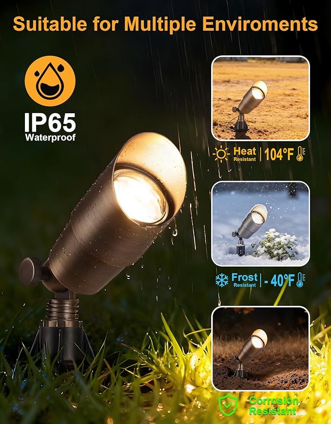 PARTPHONER Solid Brass Low Voltage Landscape Lighting Wired 12V LED Landscape Spotlights with Aluminum Housing MR16 Bulb Heavy Duty Outdoor Waterproof Up Lights for Garden Yard Trees 1Pack