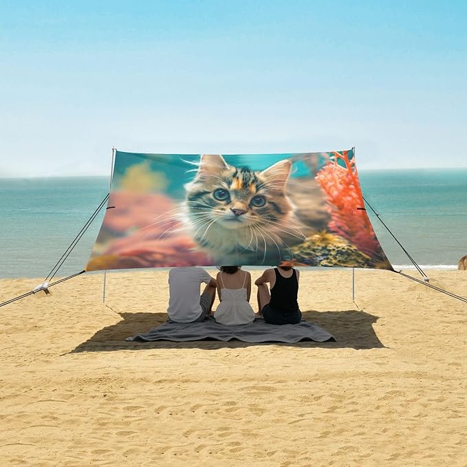 Camping Sun Shelters Underwater World Cute Cat Beach Canopy 126 * 110.2in
