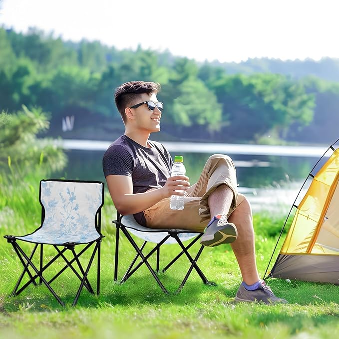 Blue Blooms Portable Camping Chairs Folding Chair - Durable Oxford Fabric Lightweight Iron Frame Easy Fold Design - Ideal for Outdoor Activities Camping Fishing and Travel