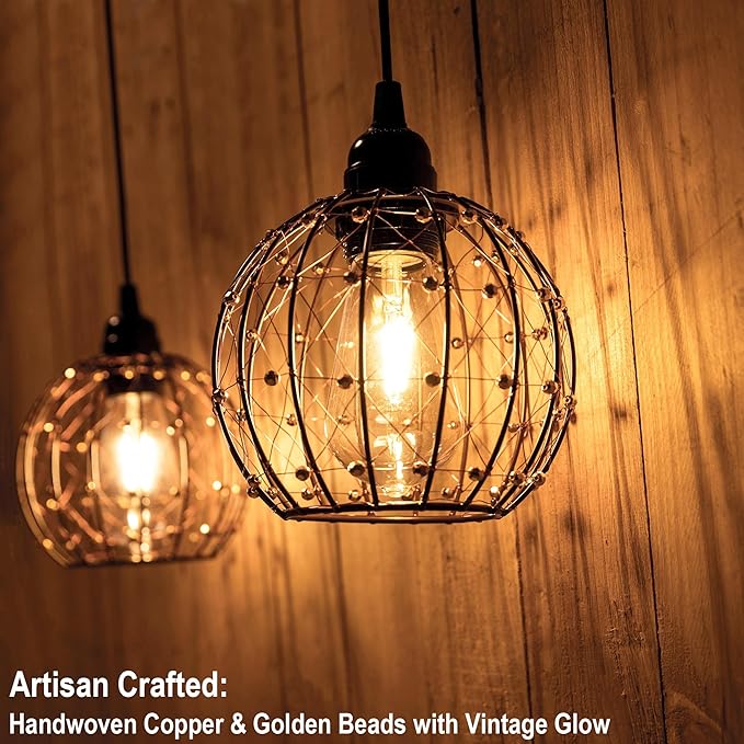 Hanging Pendant Lights Battery Operated Outdoor Chandelier with Warm White LED Bulb for Patio Tree Pergola Gazebo Porch (Beaded Ball-ST58-3PK)