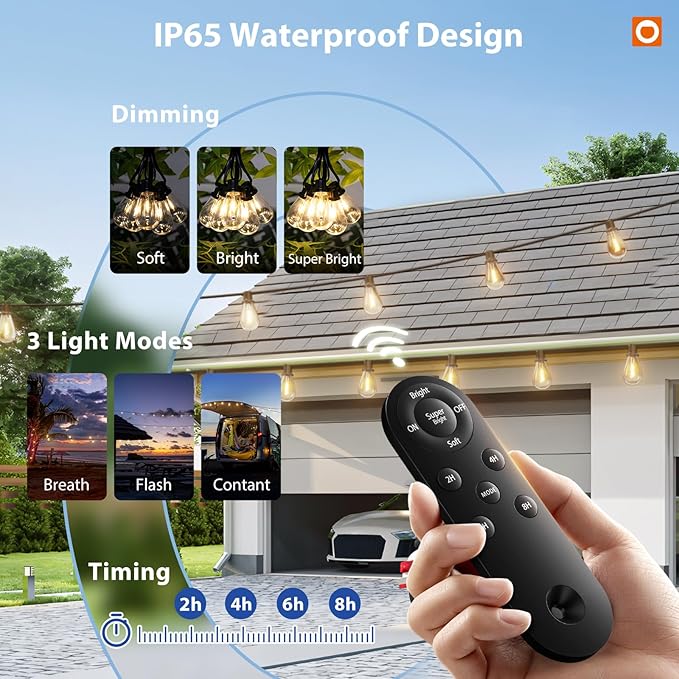 addlon 54FT(48FT+6) Solar String Lights Outdoor Waterproof with USB Port &amp Remote Control Solar Patio Lights for Outside Solar Powered with 16 LED Dimmable Bulbs for Porch Garden Deck Halloween