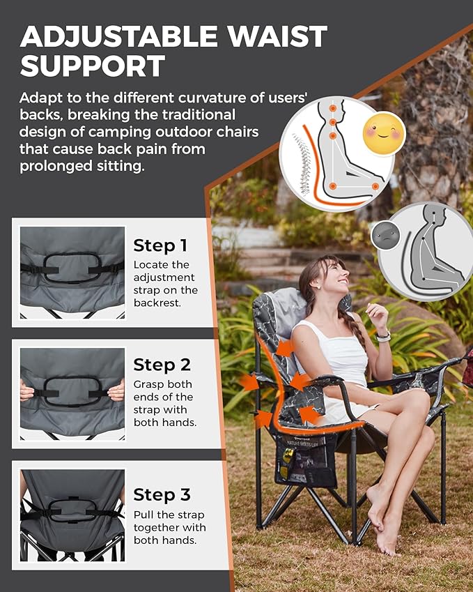 KingCamp Oversized Camping Folding Chair Heavy Duty 450 LBS with Lumbar Support Padded seat with Cup Holder&ampCooler Bag Ideal for Camp Fishing Sports Event Backyard Patio Lawn (Lava Grey)