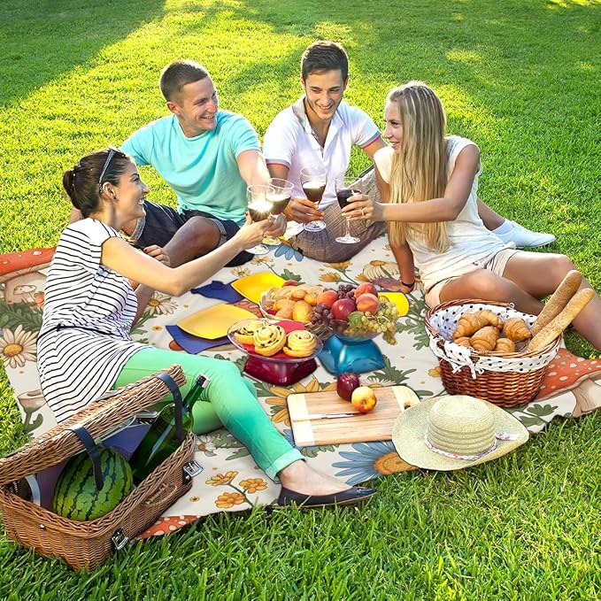 Waterproof Sandproof Beach Blanket 59''×68'' Mushrooms Polyester Outdoor Picnic Blanket with 4 Stakes &amp Storage Bag for BeachCampingVacation Wildflowers