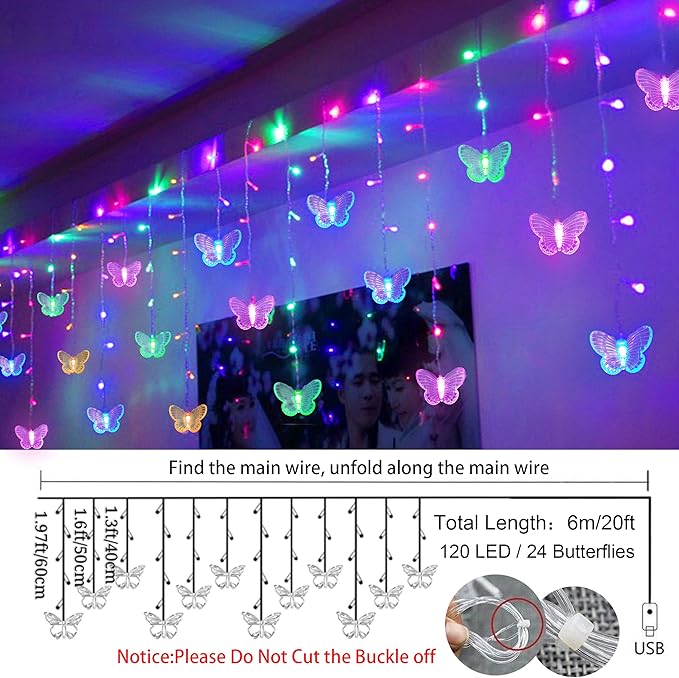 120 LED 20FT Butterfly Curtain Fairy Lights USB Pluged - 8 Modes Starry Twinkle Icicle String Lights with Remote Timer Waterproof for Kids Bedroom Christmas Wedding Party Dorm(Multicolor2)