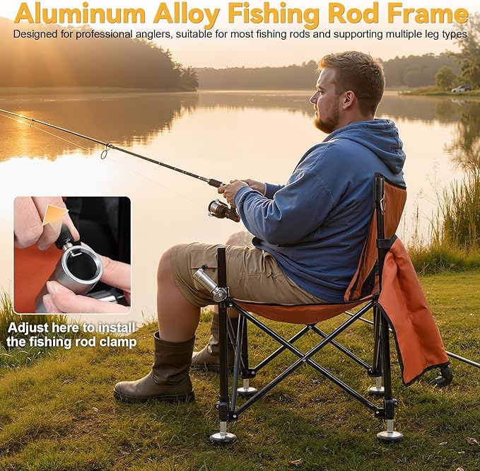 Foldable Fishing Chair Heavy Duty Portable Adjustable Camping Chair with Rod Holders Non-Slip Feet Carrier Bag for Outdoor Fishing Travel Beach Orange