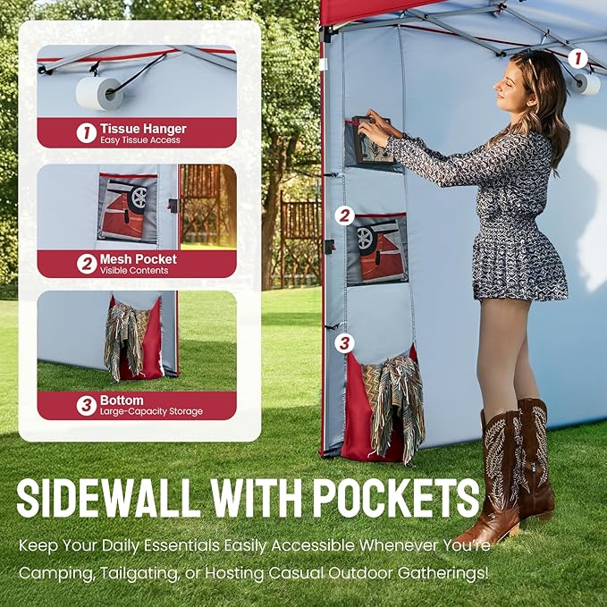 CROWN SHADES Canopy Tent 10x10 Pop Up Canopy Outdoor Shade with Pockets Sidewall Easy Up Sun Shelter with One Person Set Up Center Lock Portable Instant Camping Beach Canopy Tents Red